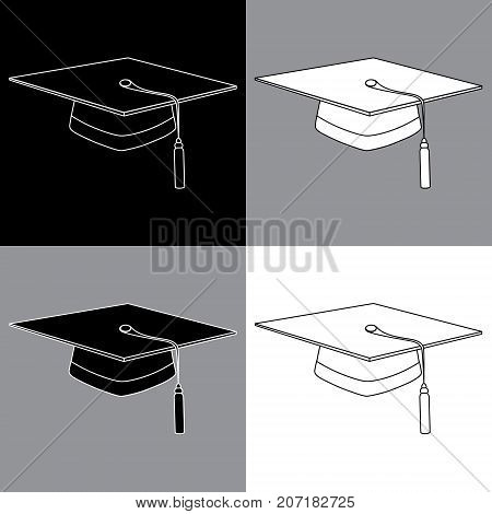 Set of black gray white lines graduation student hats