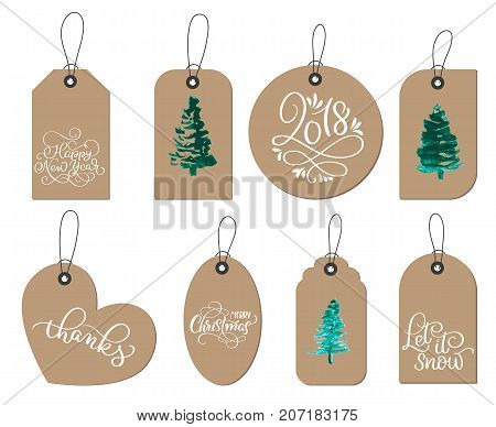 collection of kraft paper christmas gift tags. Calligraphy lettering hand made text. Vector illustration EPS10.
