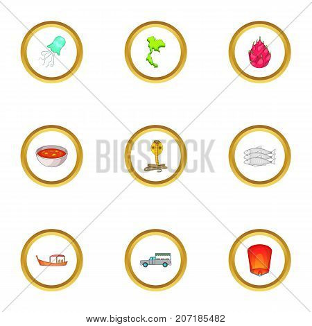 Thailand travel icons set. Cartoon style set of 9 Thailand travel vector icons for web design