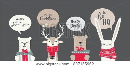 banner with cute winter animals with presents, scarfs and seasonal greetings. merry chritmas and happy new year. vector illustration. vector illustration