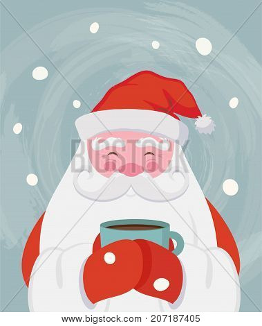 Santa drinking a hot drink and warm himself. Vector christmas illustration