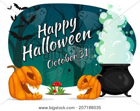 Happy Halloween. Vector flyer. Witcher cauldron with magic potion and steam in creepy dark forest with ghosts. Flying bats poisonous mushrooms and pumpkins
