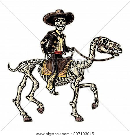 The rider in the Mexican man national costumes galloping on skeleton horse. Day of the Dead, Dia de los Muertos. Vector hand drawn color vintage engraving isolated on white background for poster