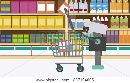 Domestic robot shopping at supermarket. Personal robot housekeeper futuristic concept illustration vector.