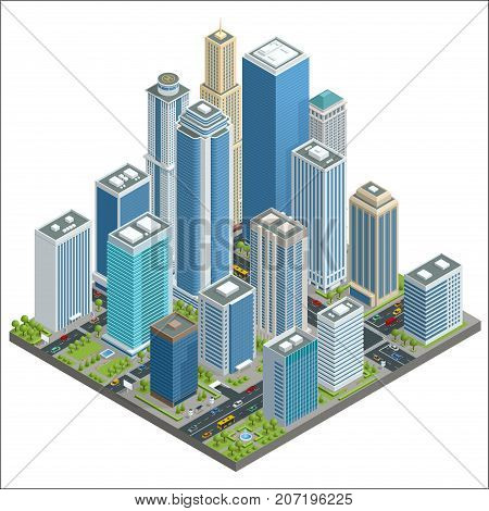 Vector isometric city center map with skyscrapers, offices, stores, streets, vehicles, commercial and business area used for workflow layout, game, diagram, number options, web design, infographics