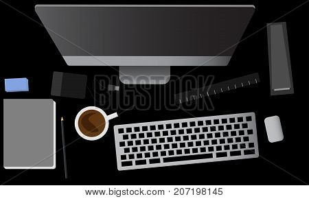 Office table with computer, notepad, external hard disk, mouse, pen, calculator and black coffee. Top view of modern workplace, technology concept illustration vector.