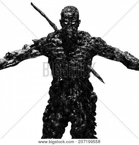 A terrible zombie monster stands with arms outstretched. 3D illustration in genre of horror. Scary character in black a