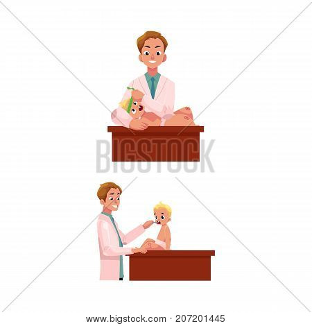 Man doctor, pediatrician checking baby, infant thoat and measuring head size, cartoon vector illustration isolated on white background. Doctor, pediatrician doing regular medical baby exam