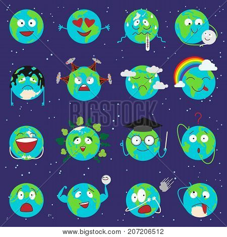 Cartoon globe with emotion web icons green global smile happy nature character expression and ecology earth planet world blue map vector illustration. Funny sad continent face emoticon.