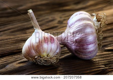 garlic closeup on a brown wooden kitchen table