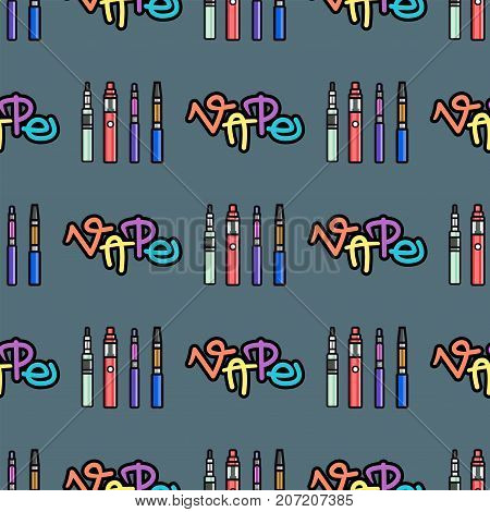 Vape device vector cigarette vaporizer vapor juice vape bottle seamless pattern flavor illustration battery coil. Trend new culture electronic nicotine liquid. Smoking atomizer device e-liquid.
