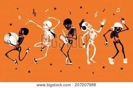 Vector orange dancing and musical skeletons Haloween set collection. Great for spooky fun party themed designs, gifts, packaging. Holiday elements.