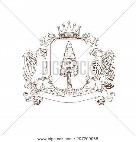 Drawing sketch style illustration of coat of arms showing an Owl and Hawk as supporters on side with Redwood tree and nest inisde crest and Crown on top and ribbon banner scroll below on isolated background.