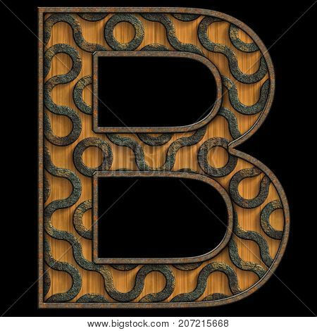 3D render of wood and corroded metal textured alphabet capital  letter B