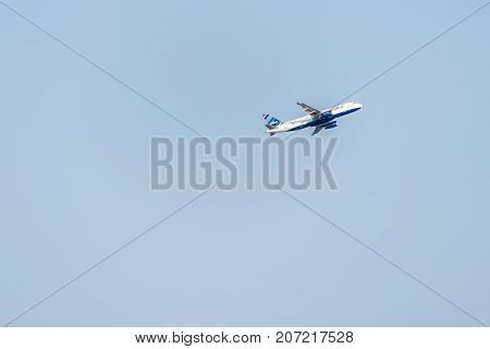 BOSTON USA 06.09.2017 Airline jetblue airplane take off at Logan International Airport Massachusetts, USA cloudy sky