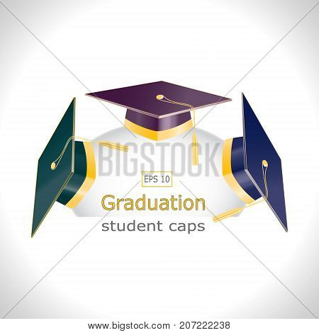 Three graduation student caps with golden elements. Set lines illustrations