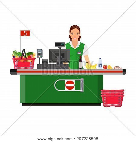 Woman cashier smiles buyer near the cash register supermarket. shopping cart with products. Vector illustration in flat style