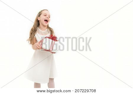 Small Girl With Gift Box With Red Bow In Dress.