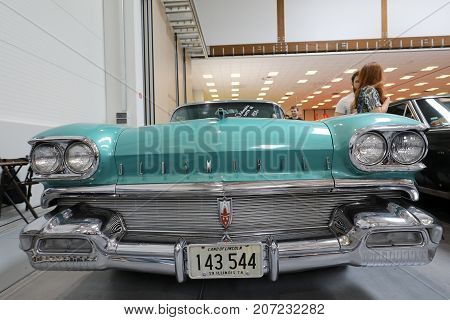 CRACOW POLAND - MAY 20 2017: Oldsmobile Super 88 displayed at MOTO SHOW in Cracow Poland. Exhibitors present most interesting aspects of the automotive industry
