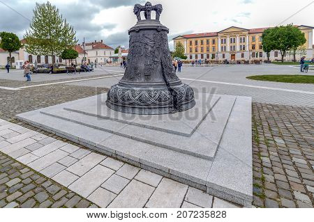 ALBA IULIA ROMANIA - APRIL 30 2017: The broken Bell. Symbol of the coronation of king Ferdinand and queen Maria located in central square in front of University of Alba Iulia in Carolina Citadel.