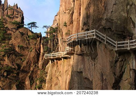 Stone Steep Steps . Trekking Walking Hiking Huangshan Mountain. Anhui, China. 13Th , April 2009