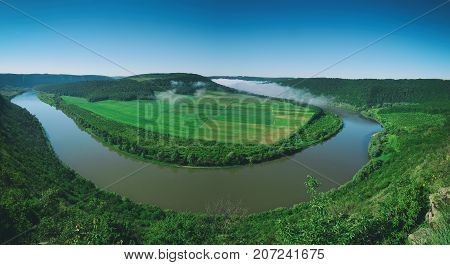 Dnister river landscape in Ternopil region of western Ukraine. Idillyc view from above in the morning. Panorama