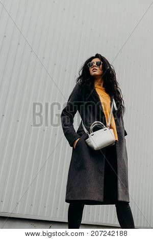 Young Elegant Girl Posing At City Street. Pretty Beautiful Business Woman In Elegant Gray Coat Again