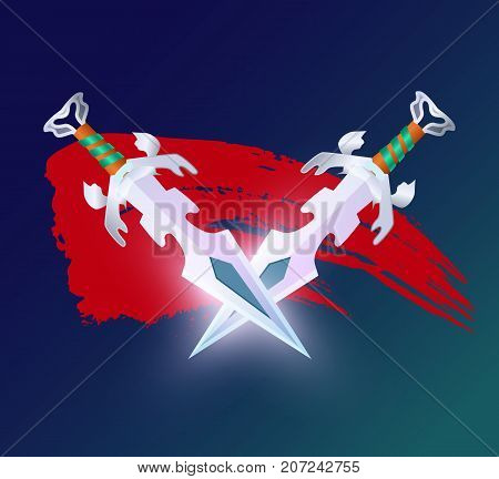 Game element with crossed fantasy swords. Shiny medieval weapon for computer game design. Confrontation versus sign, fight opposition concept, epic battle competition vector illustration.