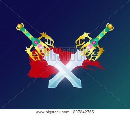 Game decoration element with crossed swords. Shiny medieval weapon for computer game interface design. Confrontation versus sign, fantasy and epic battle competition vector illustration.