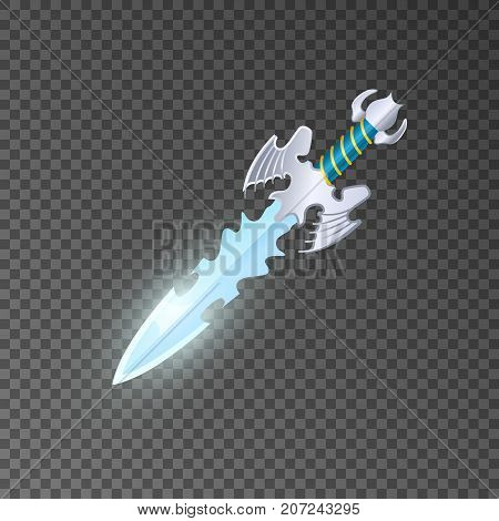 Epic dagger isolated game element. Shiny medieval weapon for computer game design. Fight decoration, fantasy battle object vector illustration.