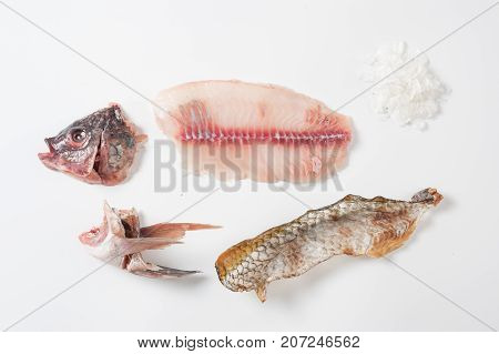 Components of Thai Tilapia (Tilapia nilotica) including head meat skin stomach and scale dismantling on white background