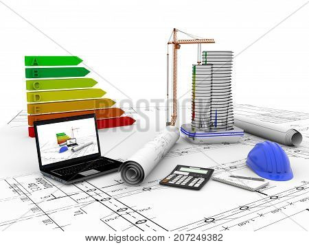 one model of a modern house, a computer with a cad software and some rolled construction projects, concept of house planning, 3d render