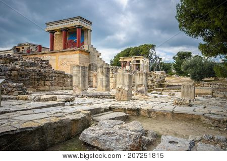 The North Entrance of the Palace with charging bull fresco in Knossos at Crete, Greece