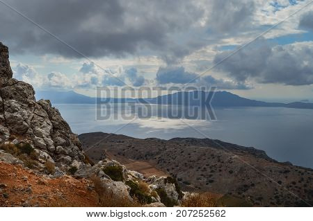 Panorama of the ocean and mountains from the western heights of Crete