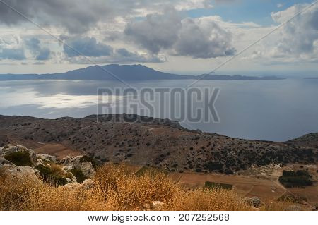 Panorama of the ocean and mountains from the western heights of Crete
