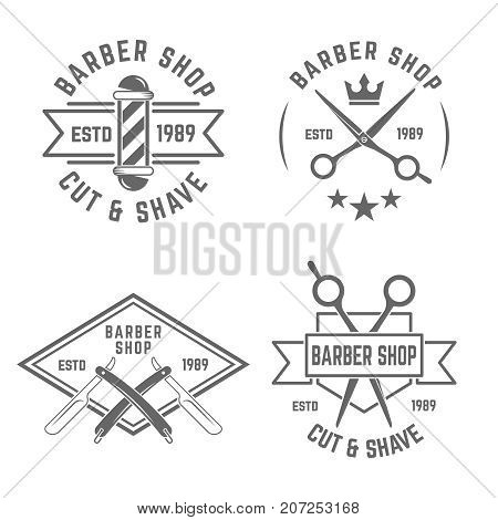 Barbershop set of vector monochrome labels on white background