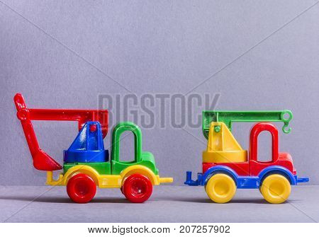 Toy truck. Toys for little children. Crane and digger.