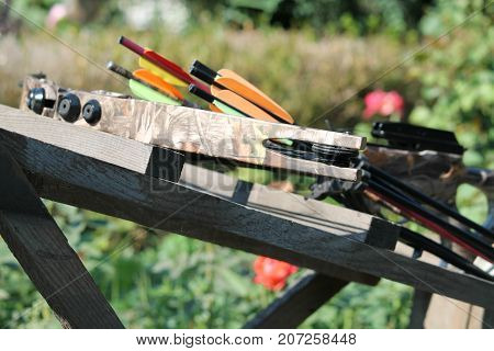 Crossbow, weapons producing boom.crossbow resting on tree trunk in autumn woods