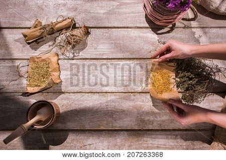 Medical tea infusions preparation process. Quackery top view, alternative medicine with free space on wooden background, homemade health herb ingredients concept