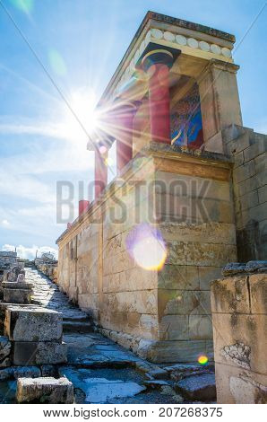 The North Entrance of the Palace with charging bull fresco in Knossos at Crete, Greece