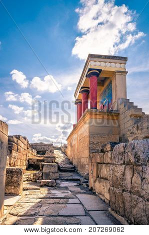 The North Entrance of the Palace with charging bull fresco in Knossos at Crete, Greece