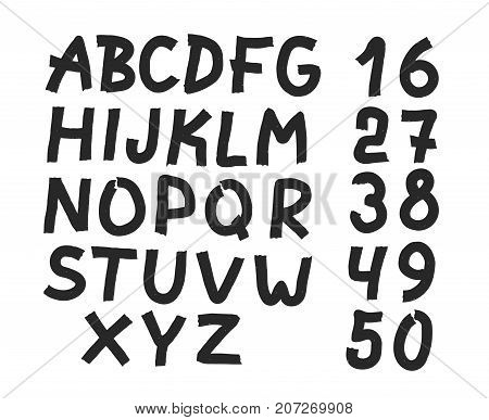Hand drawn letters and numbers font. bold comic modern marker lettering. Grunge font, Sans serif. Vector design. Isolated on white background. alphabet written with ink, brush. calligraphy, black