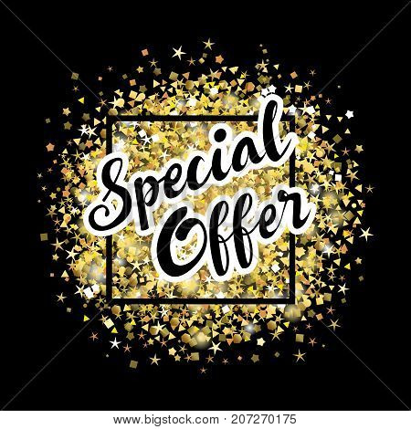 Special offer lettering label on golden dust background. Elegant special offer sale tag with gold glitter on black background. Vector illustration