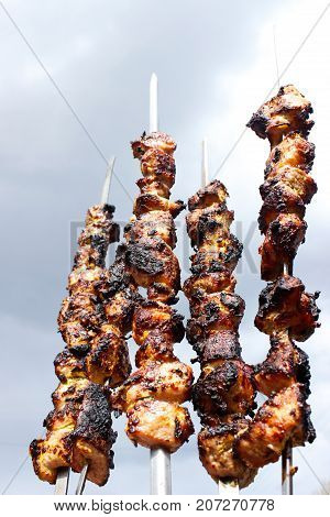 closeup of some meat skewers being grilled in a barbecue. side view