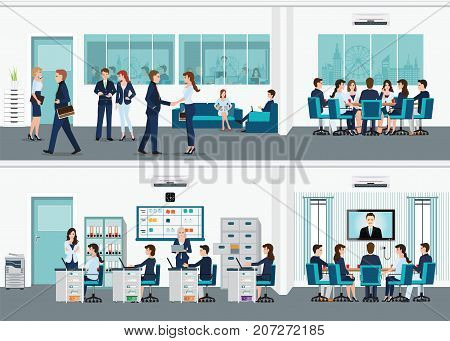 Modern office interior room with office desk and Business meeting or teamwork brainstorming in flat style vector illustration.