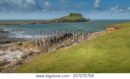 A landscape view of the Worms Head Rhossili South Wales.