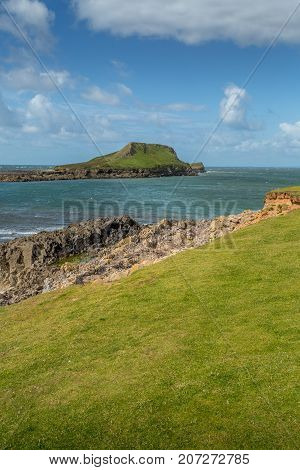 A landscape view of the Worms Head Rhossili South Wales.