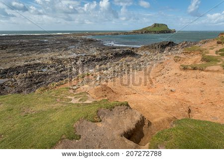 A landscape view of the Worms Head Rhossili South Wales.