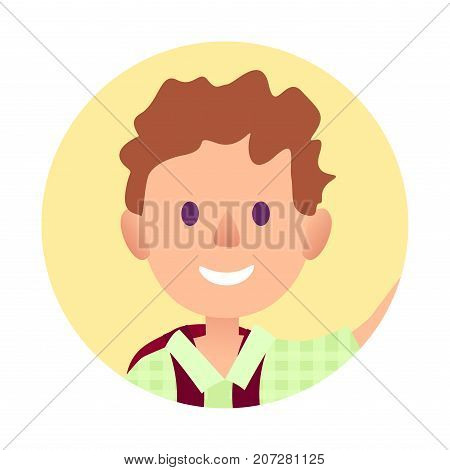 Passport photo of young handsome man in green checkered shirt closeup in yellow round vector illustration isolated on white.