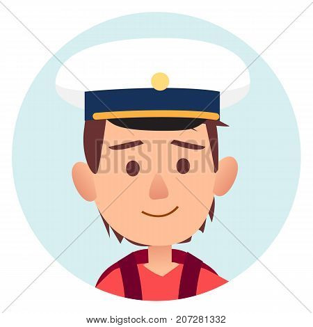 Future mariner portrait of young happy boy in peakless cap isolated vector illustration avatar userpic. Male kid in cute cap